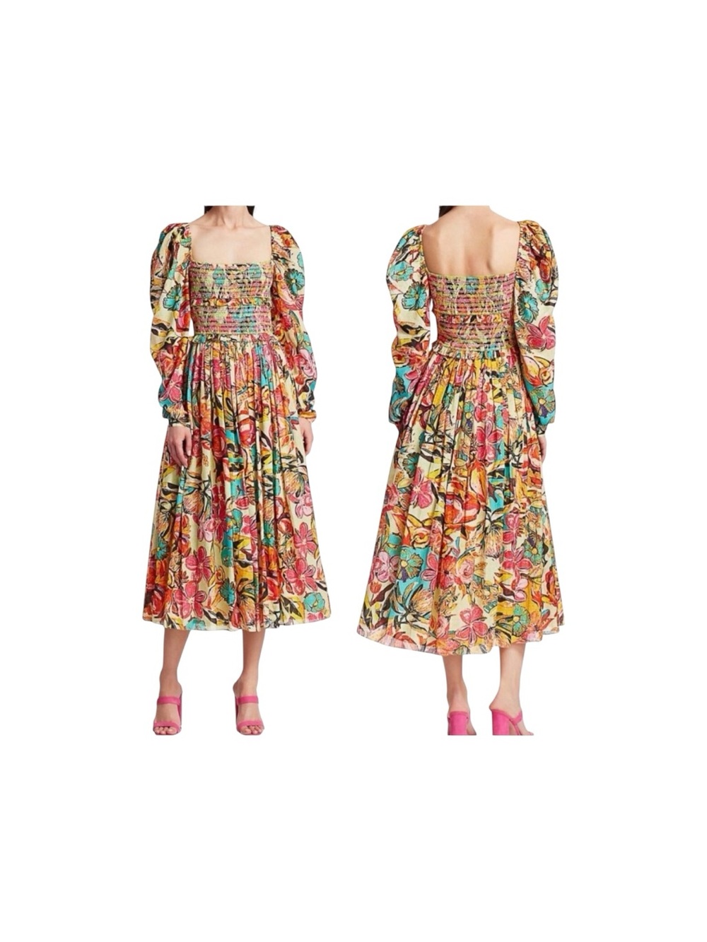 Hemant & Nandita Multicolor Floral Print Smocked Puffy Long Sleeves Midi Dress M